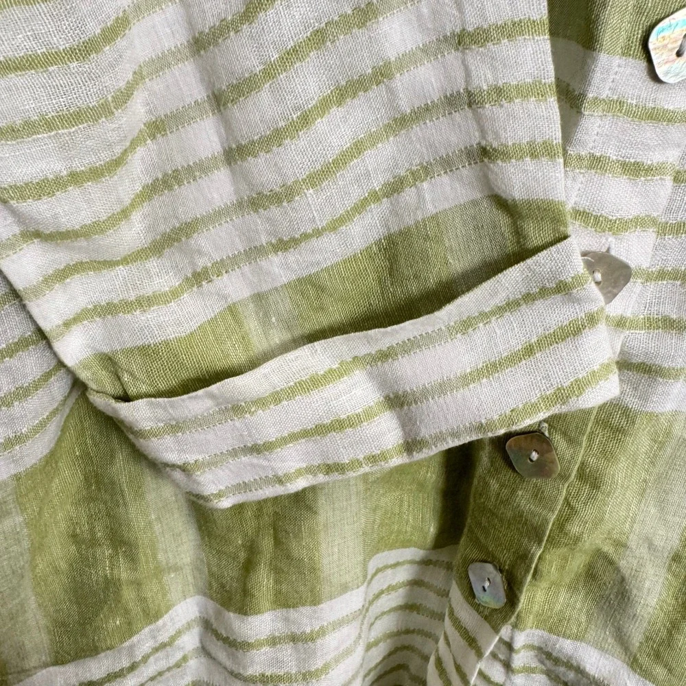 Habitat Womens Size L 100% Linen Striped Button Down Shirt Green White Relaxed - Picture 6 of 7
